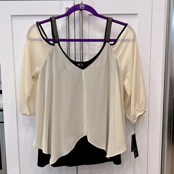 BCX Tops - BCX Champagne and Black Beaded Strap Cold Shoulder Top